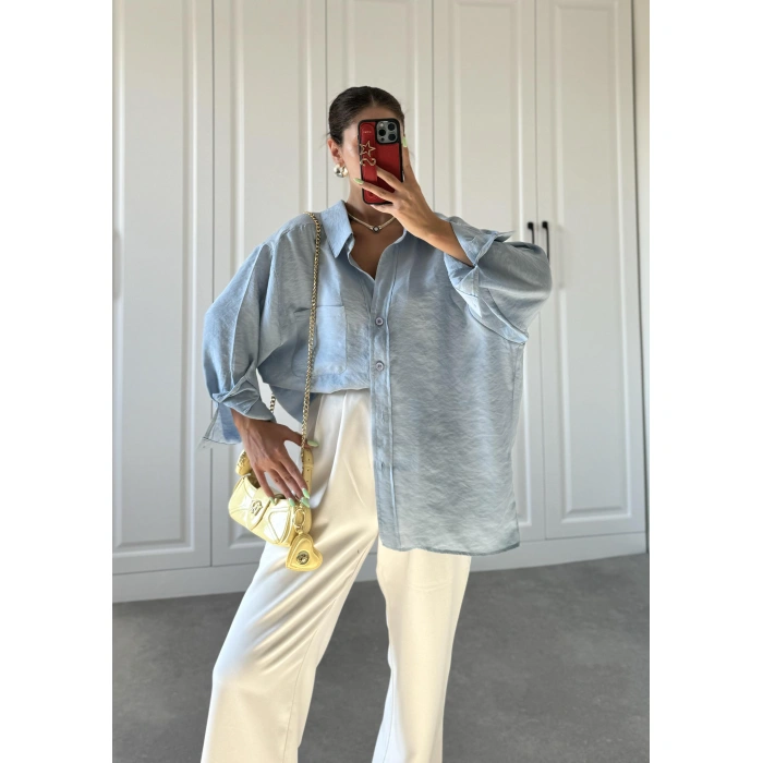 Açık Mavi Oversize Tensel Gömlek