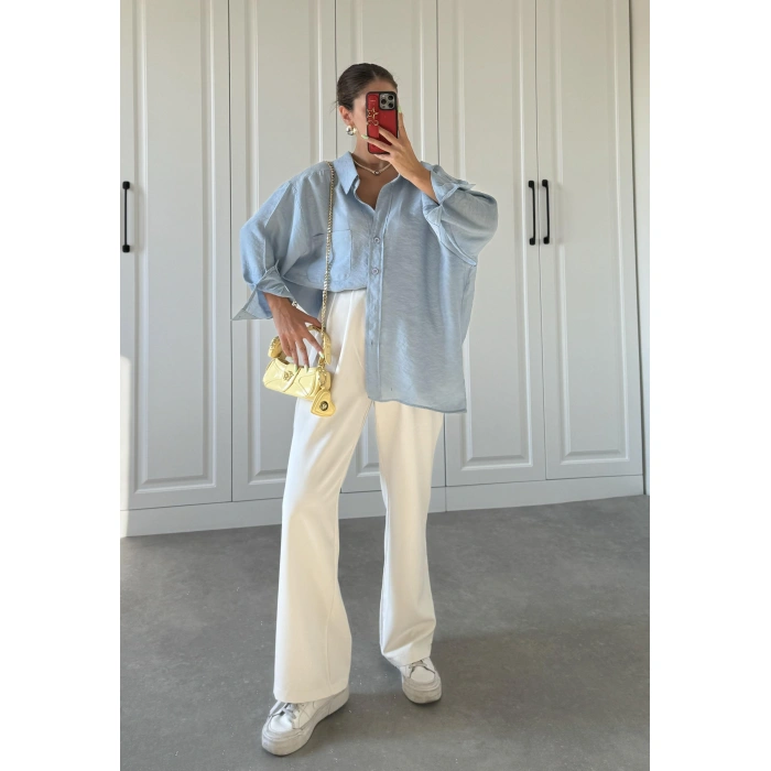 Açık Mavi Oversize Tensel Gömlek