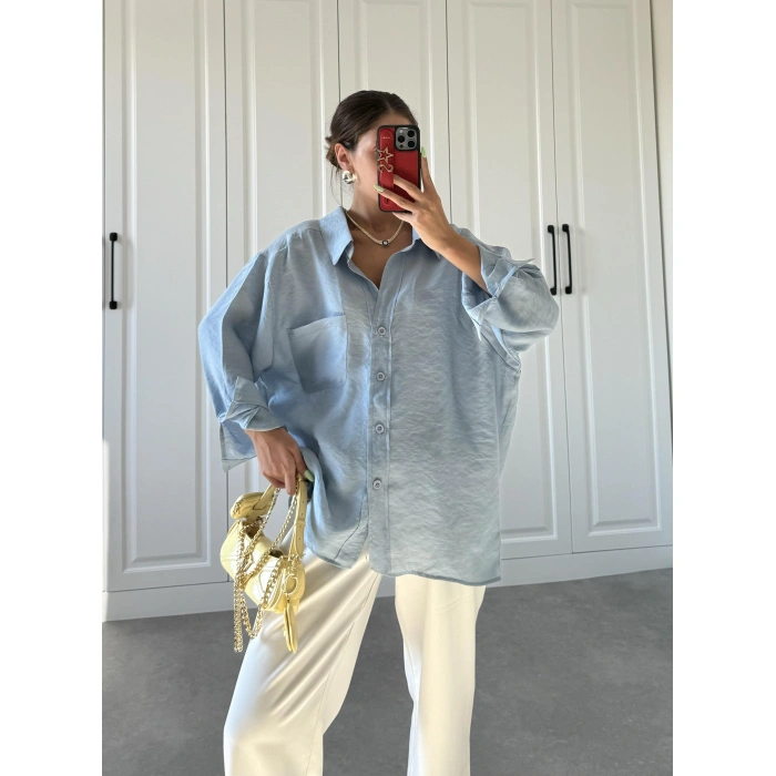 Açık Mavi Oversize Tensel Gömlek