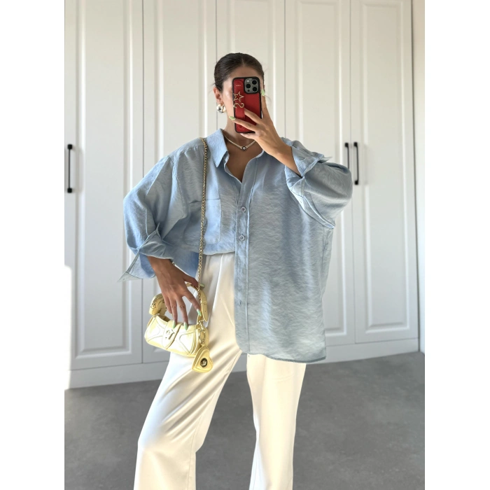 Açık Mavi Oversize Tensel Gömlek
