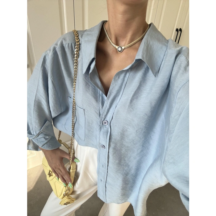 Açık Mavi Oversize Tensel Gömlek