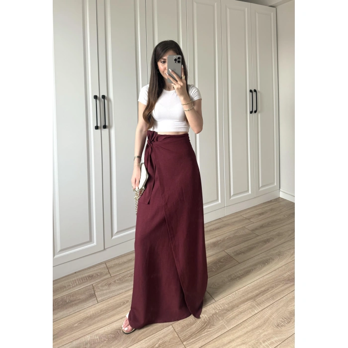 Anvelop Keten Uzun Bordo Etek