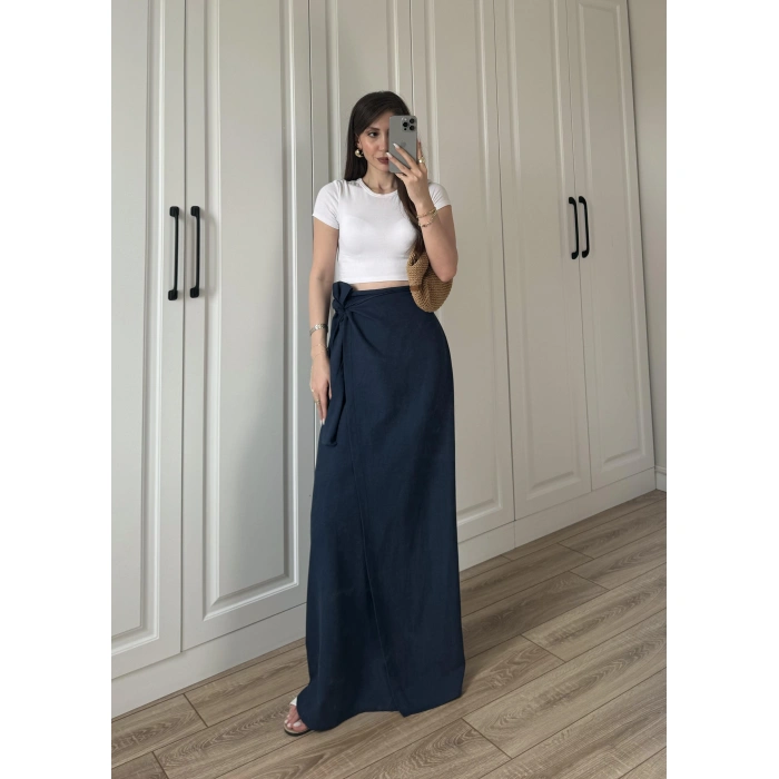 Anvelop Keten Uzun Lacivert Etek