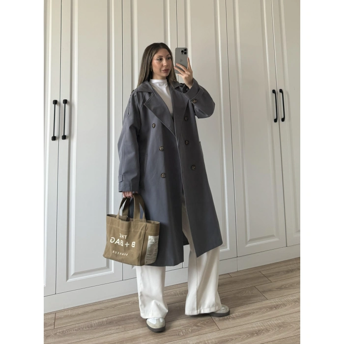 Aria Kuşaklı Astarlı Premium Antrasit Trençkot