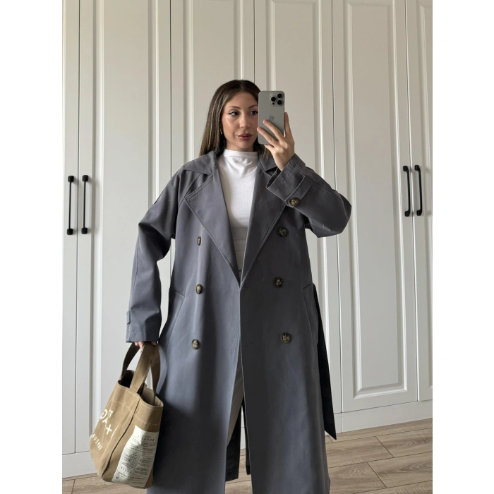 Aria Kuşaklı Astarlı Premium Antrasit Trençkot