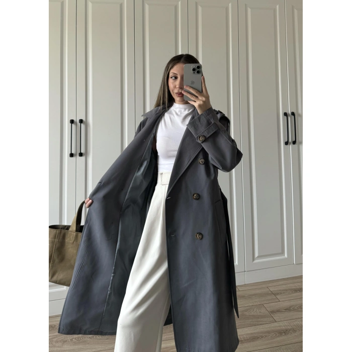 Aria Kuşaklı Astarlı Premium Antrasit Trençkot