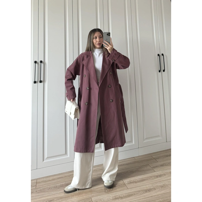 Aria Kuşaklı Astarlı Premium Bordo Trençkot