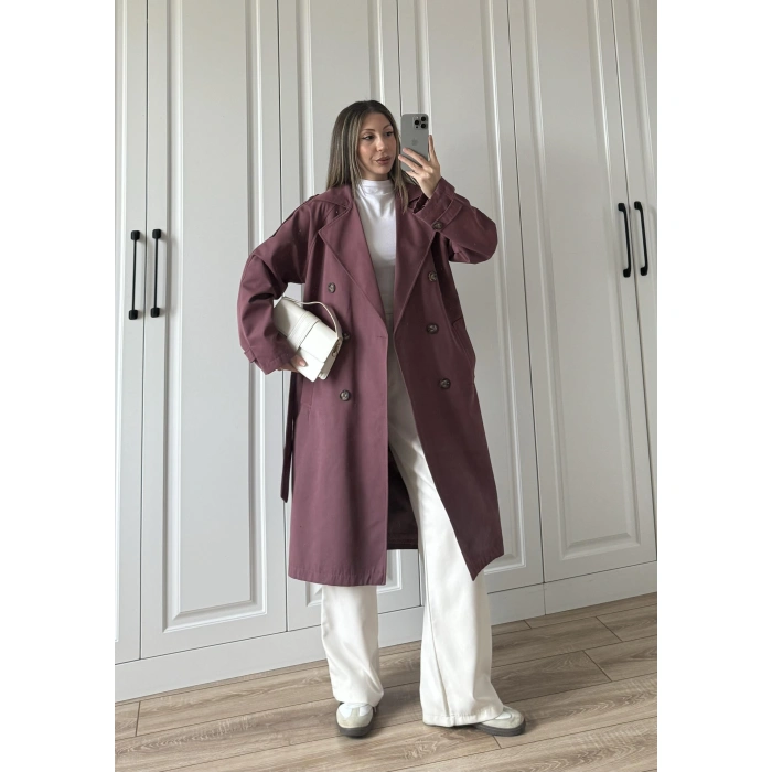 Aria Kuşaklı Astarlı Premium Bordo Trençkot