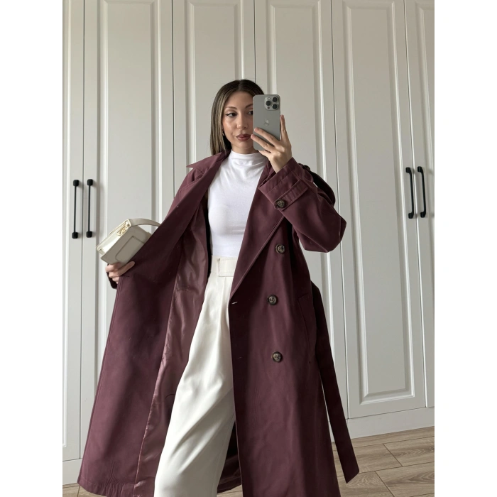 Aria Kuşaklı Astarlı Premium Bordo Trençkot
