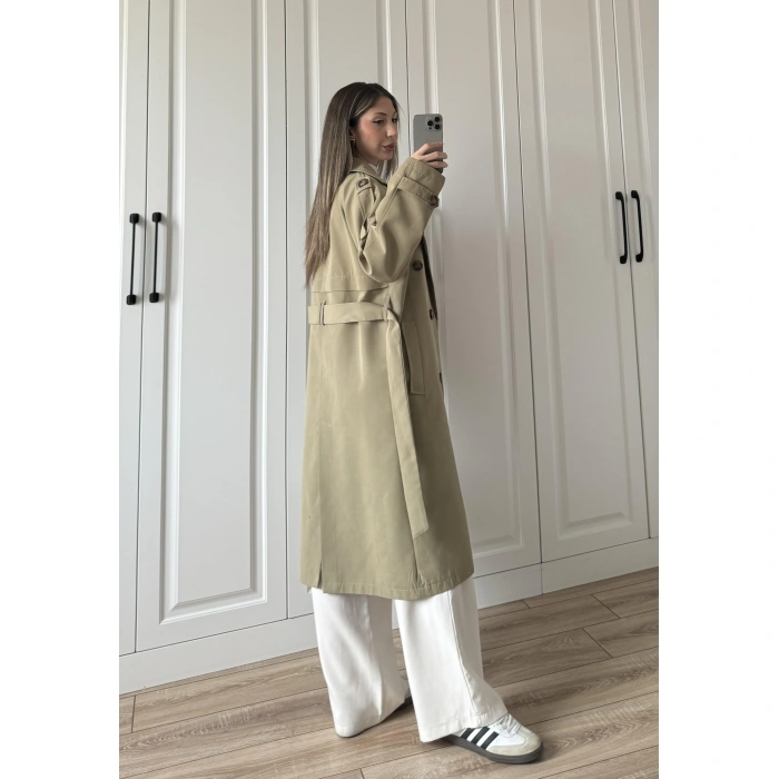 Aria Kuşaklı Astarlı Premium Haki Trençkot