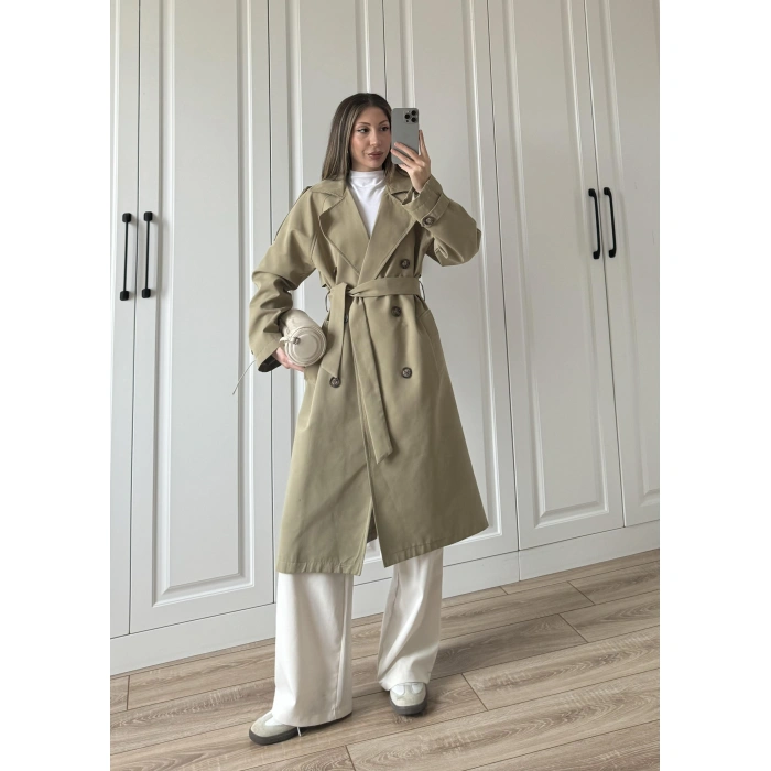 Aria Kuşaklı Astarlı Premium Haki Trençkot