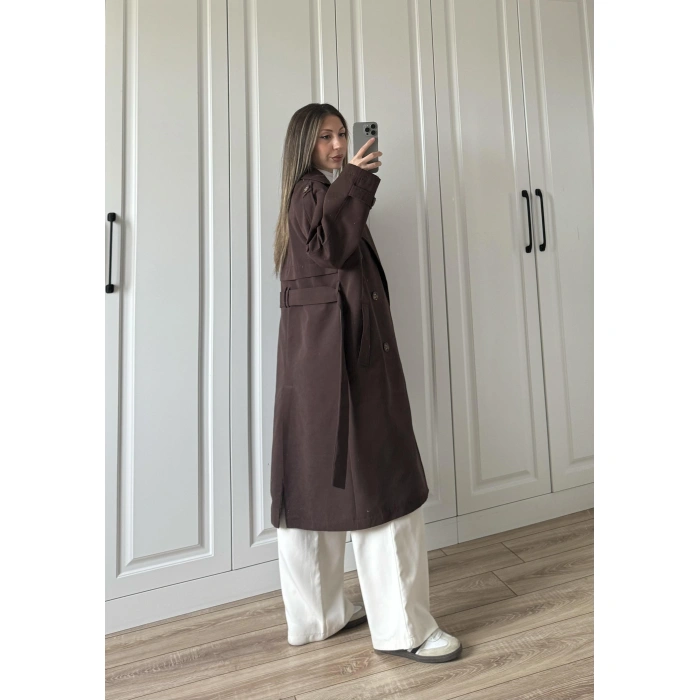 Aria Kuşaklı Astarlı Premium Kahve Trençkot