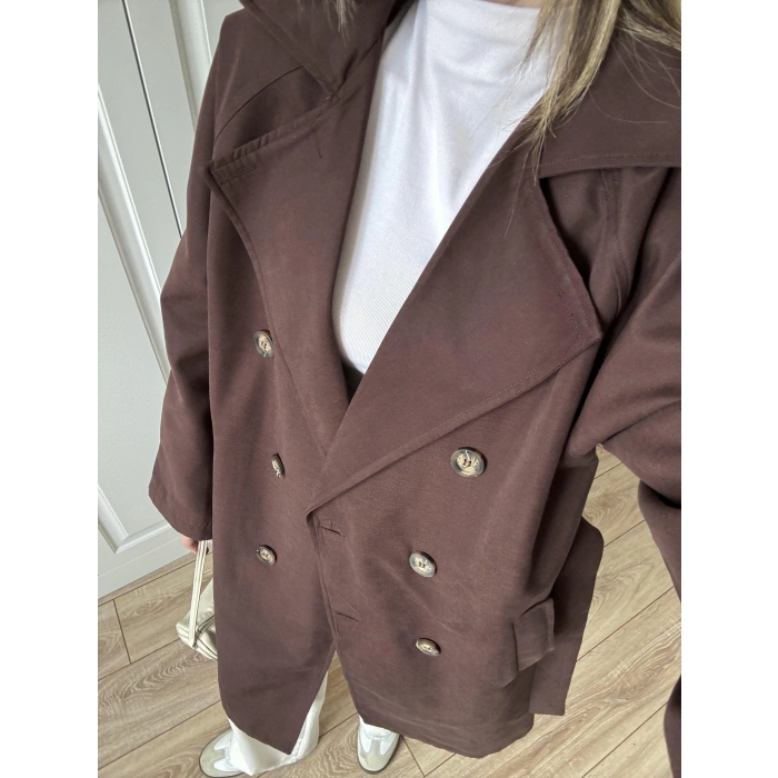 Aria Kuşaklı Astarlı Premium Kahve Trençkot