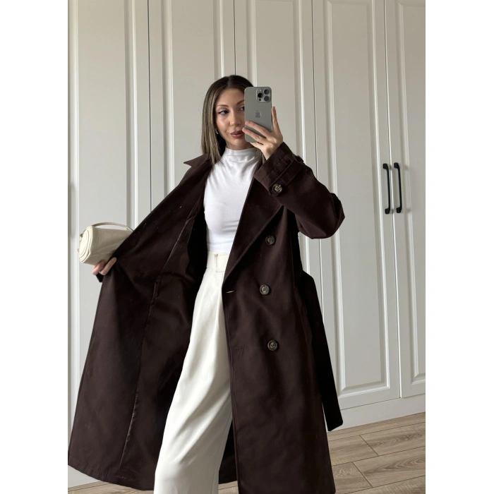 Aria Kuşaklı Astarlı Premium Kahve Trençkot