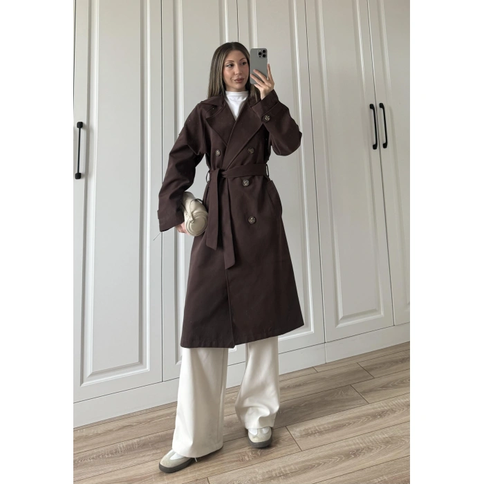 Aria Kuşaklı Astarlı Premium Kahve Trençkot