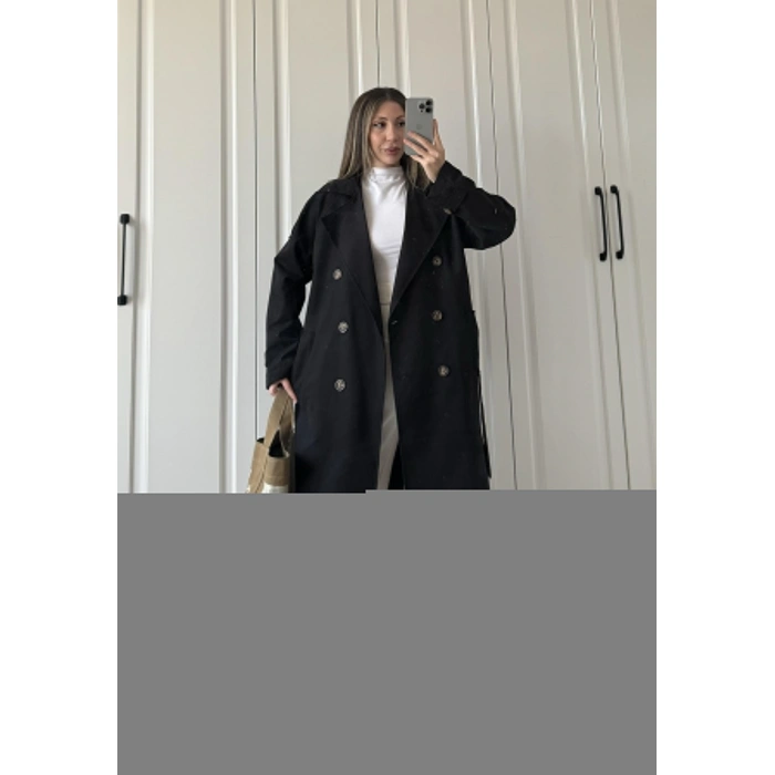 Aria Kuşaklı Astarlı Premium Siyah Trençkot