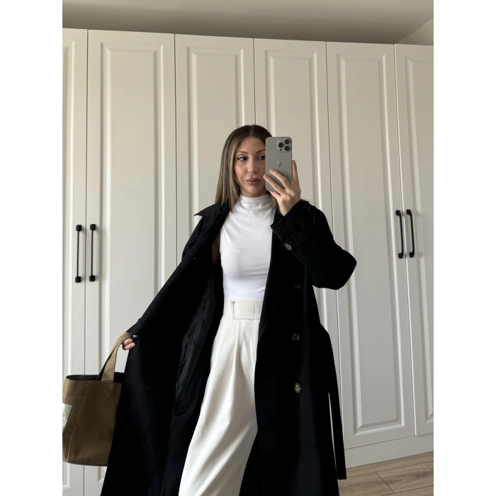 Aria Kuşaklı Astarlı Premium Siyah Trençkot