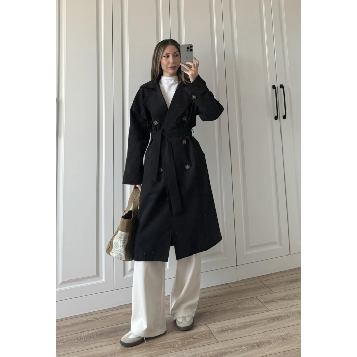 Aria Kuşaklı Astarlı Premium Siyah Trençkot