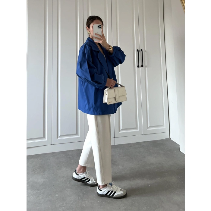 Balonkol Kısa Oversize Saks Mavi Trençkot