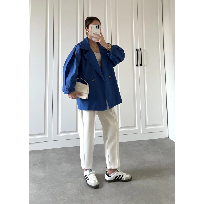 Balonkol Kısa Oversize Saks Mavi Trençkot