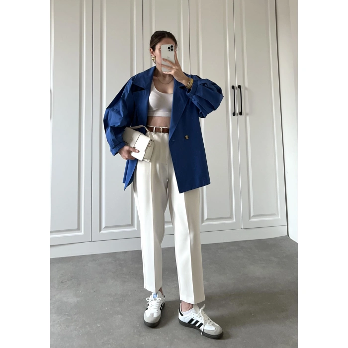 Balonkol Kısa Oversize Saks Mavi Trençkot