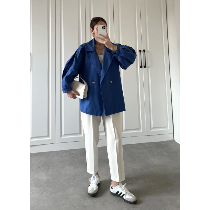 Balonkol Kısa Oversize Saks Mavi Trençkot
