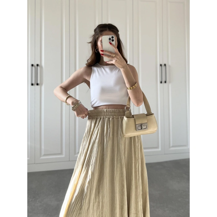 Bej Krinkıl Gofre Astarlı Etek