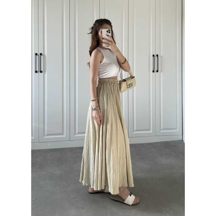 Bej Krinkıl Gofre Astarlı Etek