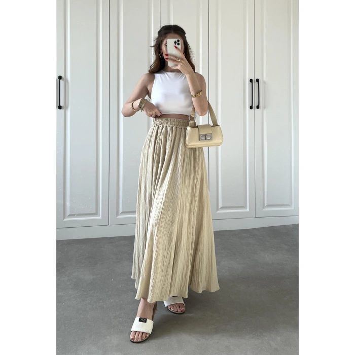 Bej Krinkıl Gofre Astarlı Etek