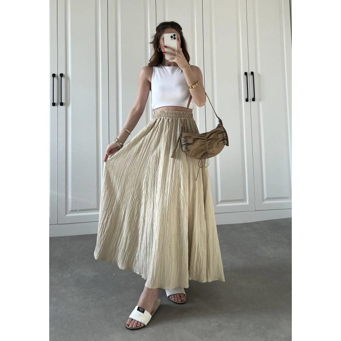 Bej Krinkıl Gofre Astarlı Etek