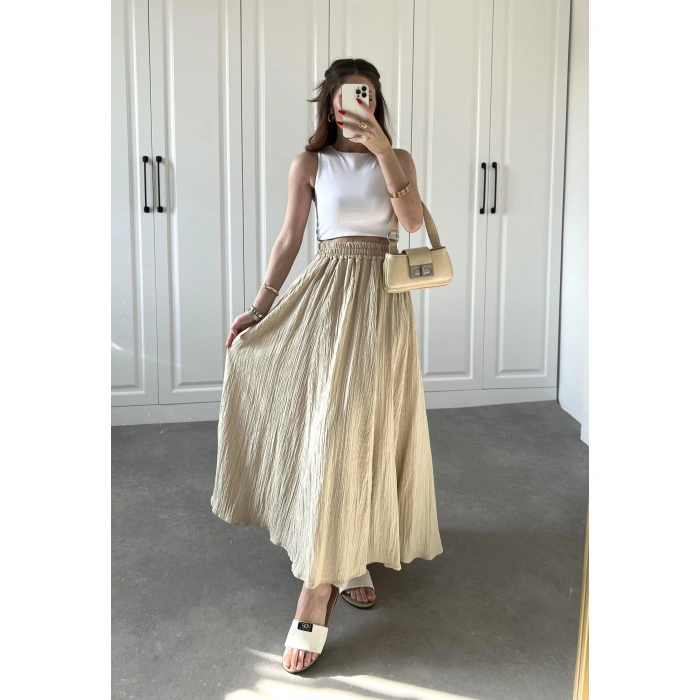 Bej Krinkıl Gofre Astarlı Etek