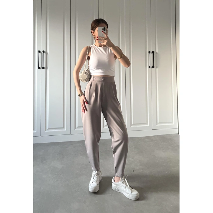 Beli Çift Düğme Detaylı Gri Kumaş Pantolon