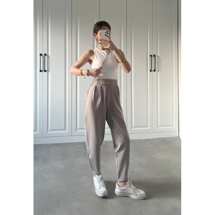 Beli Çift Düğme Detaylı Gri Kumaş Pantolon