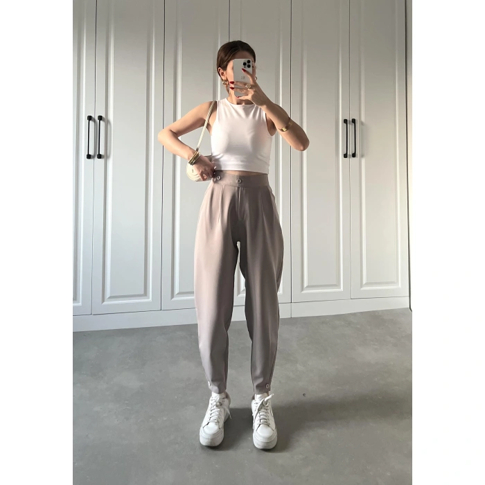 Beli Çift Düğme Detaylı Gri Kumaş Pantolon