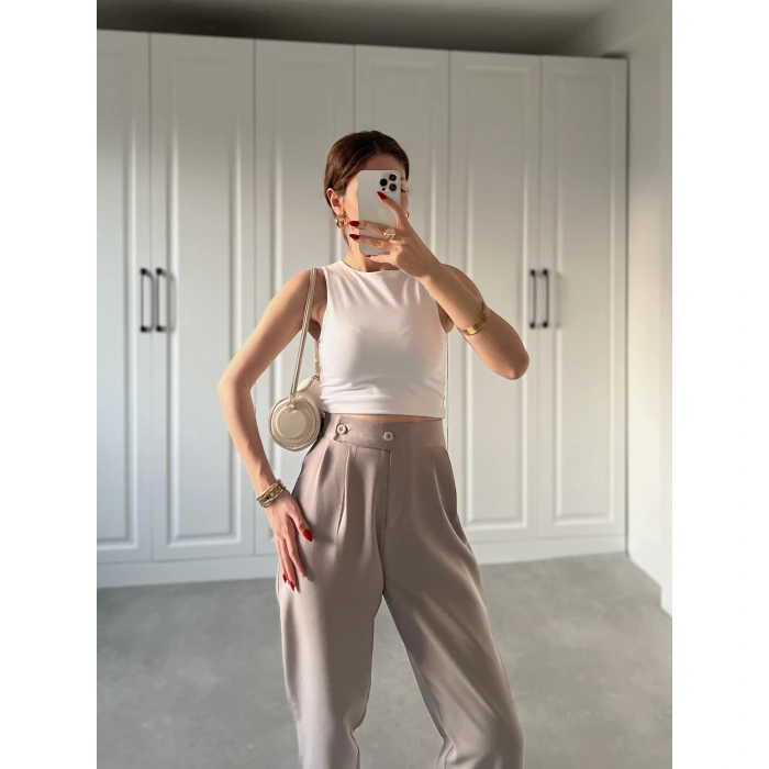 Beli Çift Düğme Detaylı Gri Kumaş Pantolon