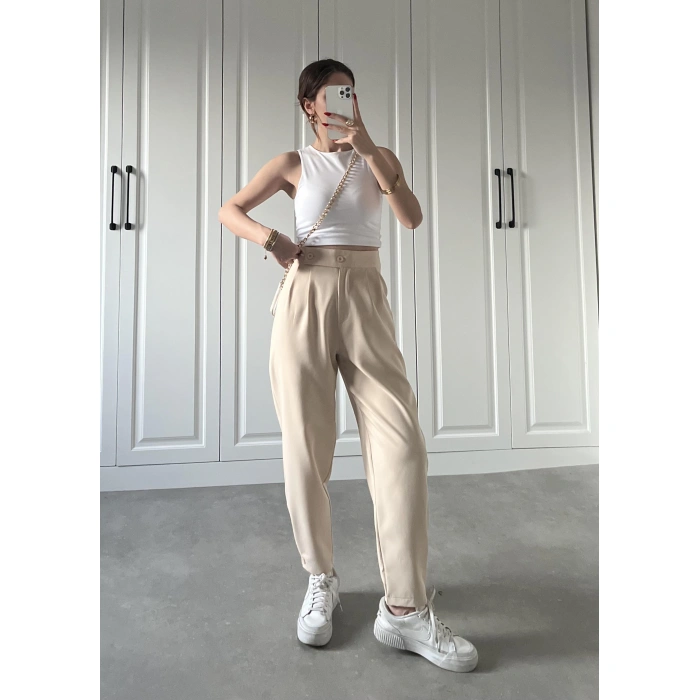 Beli Çift Düğme Detaylı Taş Kumaş Pantolon