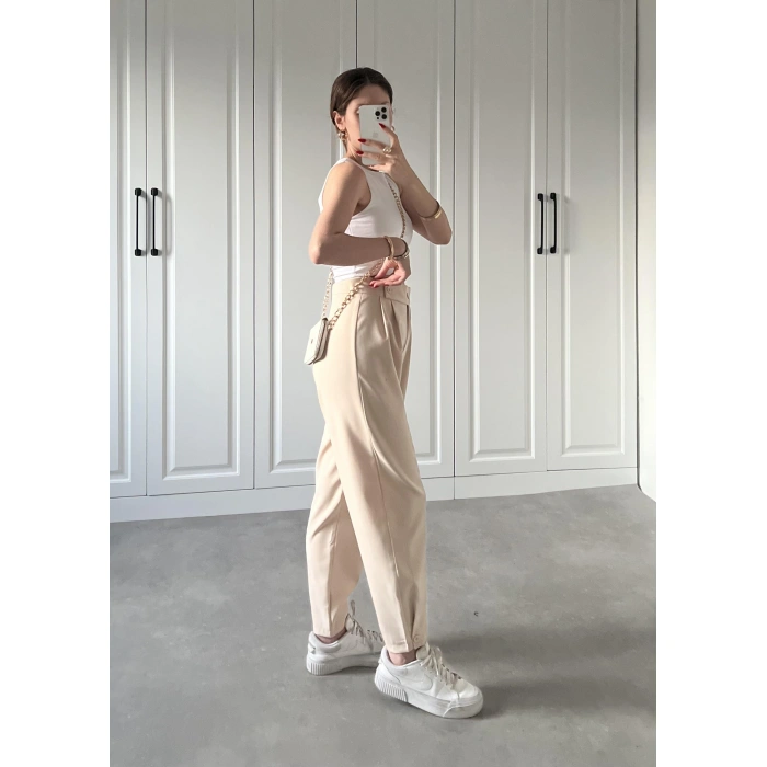 Beli Çift Düğme Detaylı Taş Kumaş Pantolon