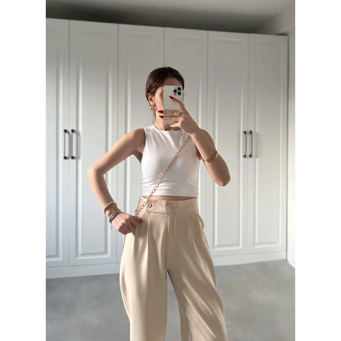 Beli Çift Düğme Detaylı Taş Kumaş Pantolon