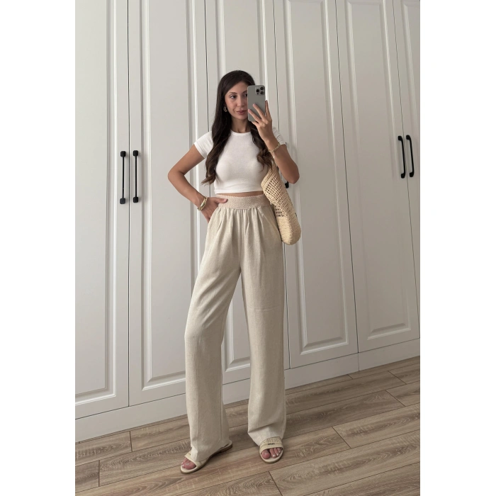 Beli Örgü Kemer Detaylı Taş Keten Palazzo Pantolon