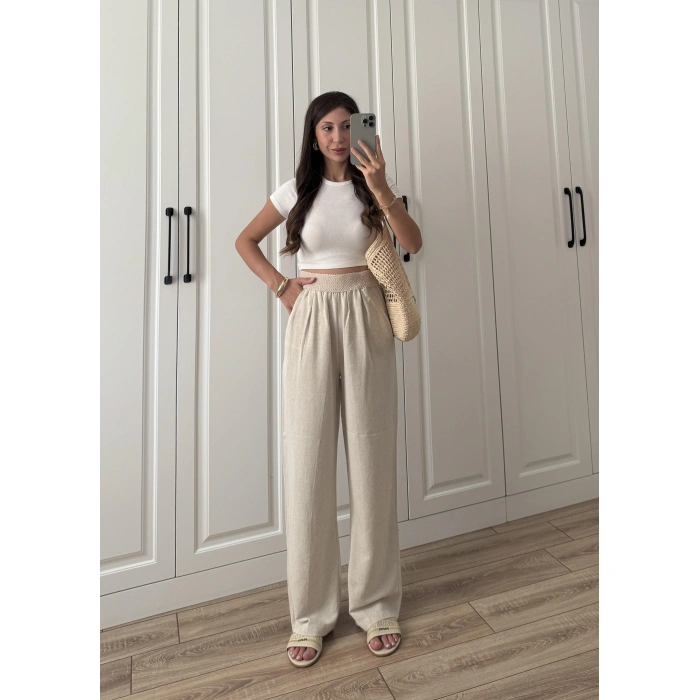 Beli Örgü Kemer Detaylı Taş Keten Palazzo Pantolon