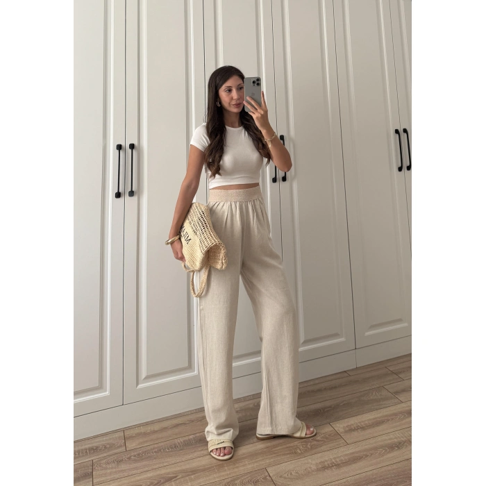 Beli Örgü Kemer Detaylı Taş Keten Palazzo Pantolon