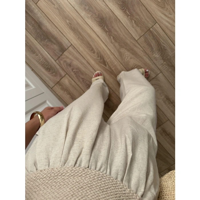 Beli Örgü Kemer Detaylı Taş Keten Palazzo Pantolon