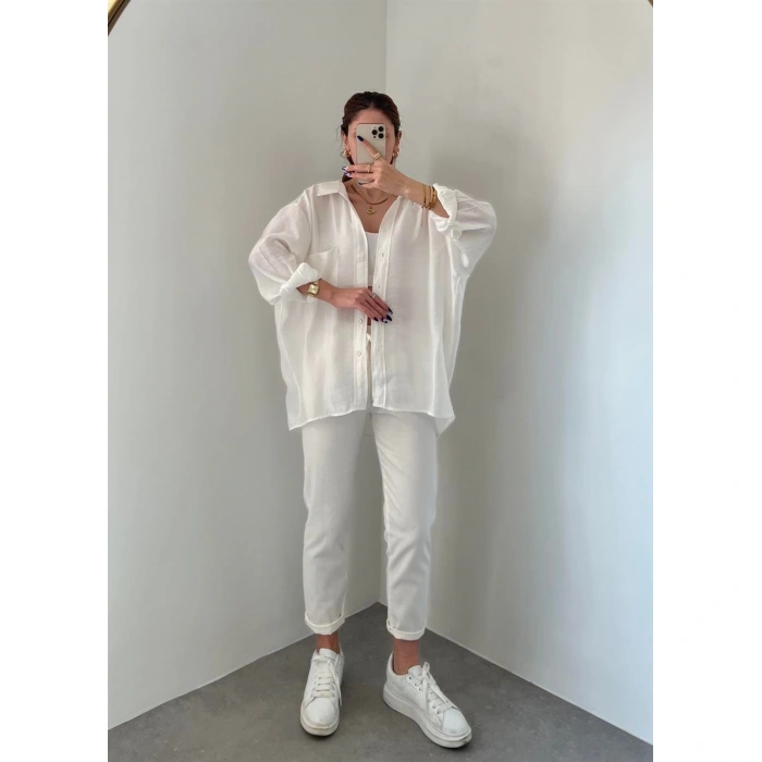 Beyaz Oversize Tensel Gömlek