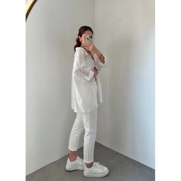 Beyaz Oversize Tensel Gömlek