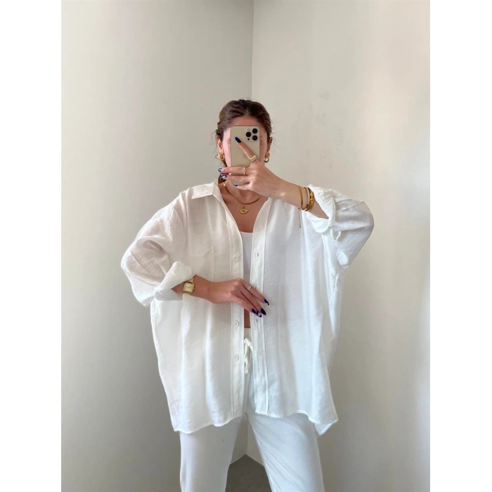 Beyaz Oversize Tensel Gömlek