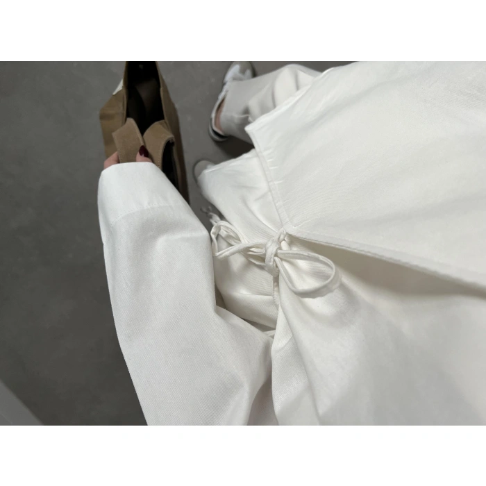 Beyaz Yandan Bağlamalı Gabardin Kimono Ceket