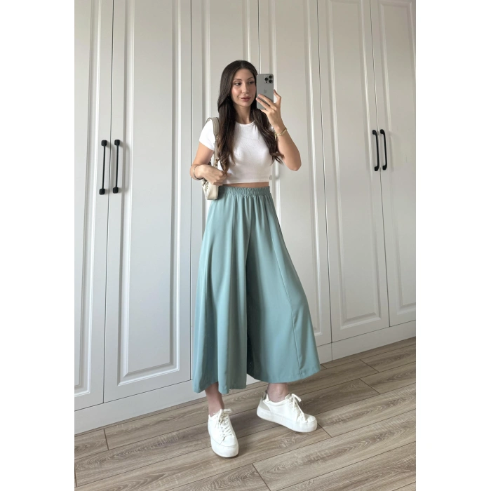 Bilek Boy Geniş Paça Mint Yeşili Pantolon
