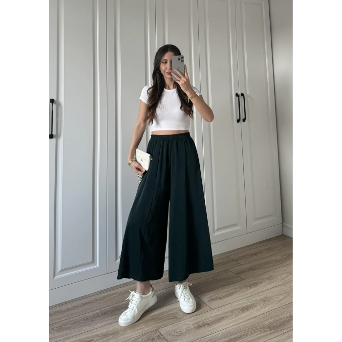 Bilek Boy Geniş Paça Zümrüt Yeşili Pantolon