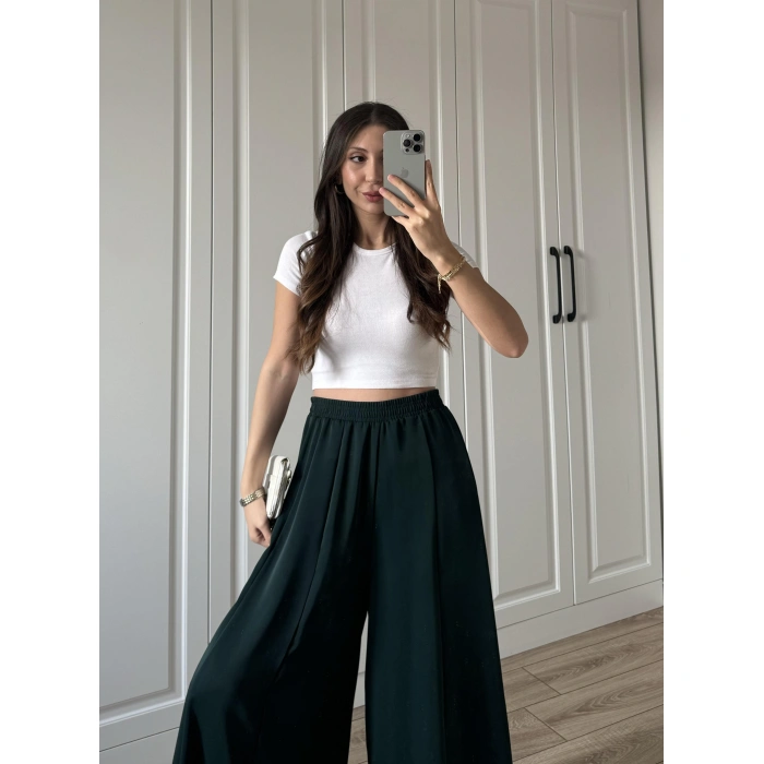 Bilek Boy Geniş Paça Zümrüt Yeşili Pantolon