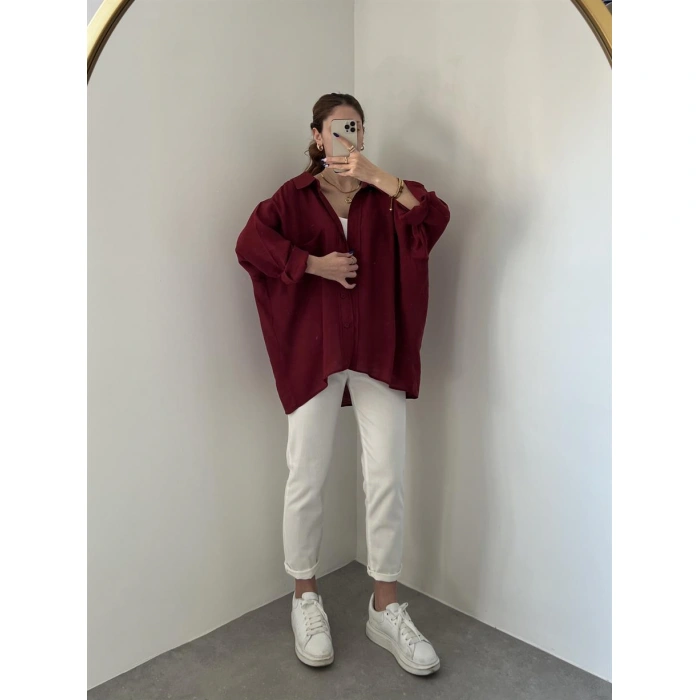Bordo Oversize Tensel Gömlek
